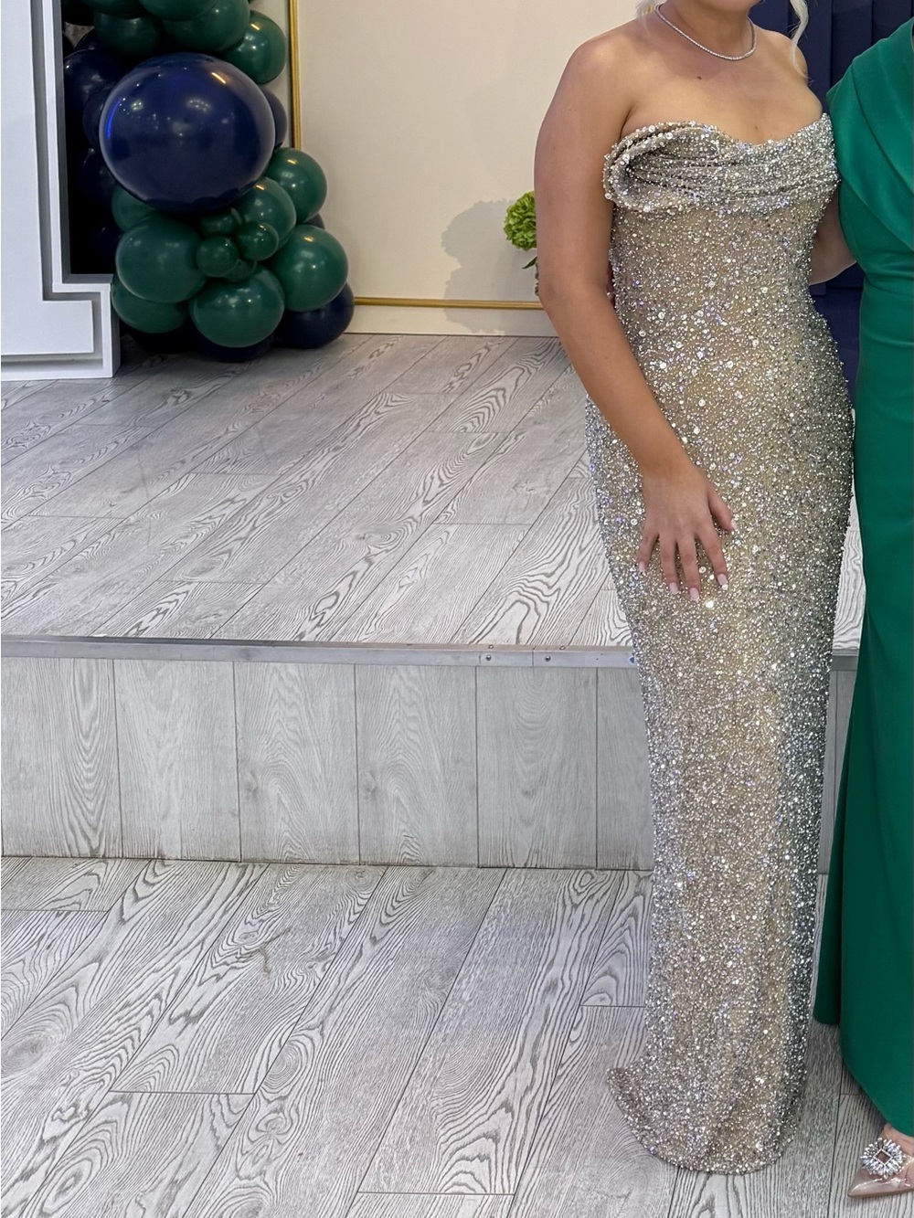 Strapless Beaded Evening Gown in Champagne Glitter